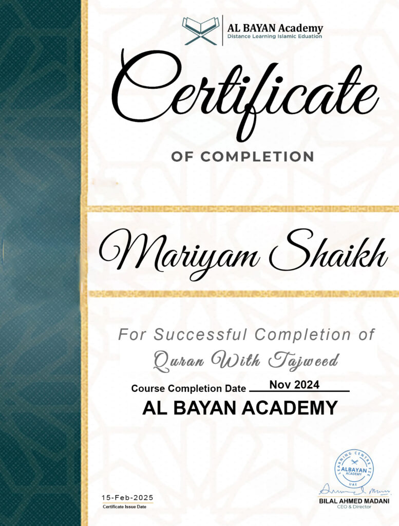 certificate for mariyam shaikh